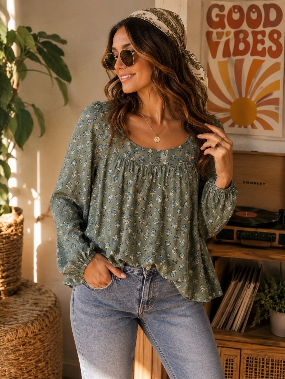 Lucky Brand Floral Square Neck Peasant Top Sage Green Blue Size M
